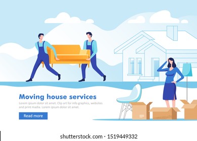 Moving house service. Woman packing stuff to move to new home or apartment. Two workers are carrying a sofa on the house background. Vector illustration.