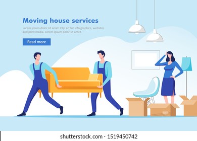 Moving house service. Woman packing stuff to move to new home or apartment. Two workers are carrying a sofa on the liviing room backgroung. Vector illustration.