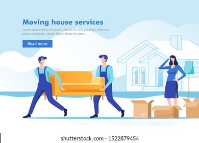 Moving house service. Woman packing stuff to move to new home or apartment. Two workers are carrying a sofa on the house background. Vector illustration.