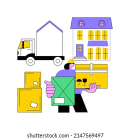 Moving house services abstract concept vector illustration. Door-to-door removals, movers service, packing service, relocation, real estate, shipping container, family home abstract metaphor.