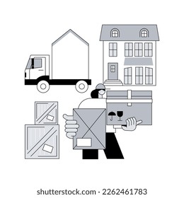Moving house services abstract concept vector illustration. Door-to-door removals, movers service, packing service, relocation, real estate, shipping container, family home abstract metaphor.