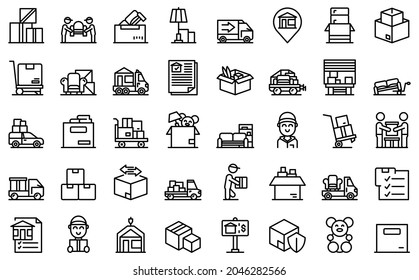 Moving house services icons set outline vector. Storehouse box. Cargo move