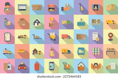 Moving house services icons set flat vector. Storehouse box. Cargo move