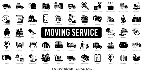 Moving house services icons set vector. Storehouse box. Cargo move icon