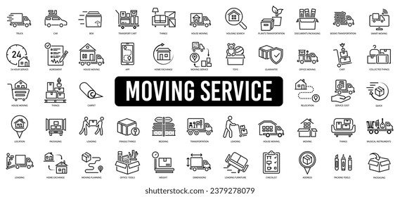 Moving house services icons set vector. Storehouse box. Cargo move icon