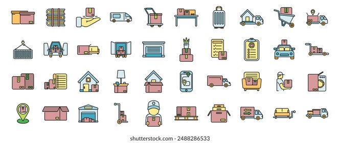 Moving house services icons set outline vector. Storehouse box. Cargo move thin line color flat on white