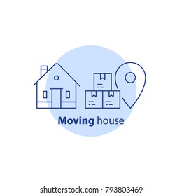 Moving House Services, Relocation Concept, Package And Transportation, Order Delivery To Door, Receive Parcel, Vector Line Icon