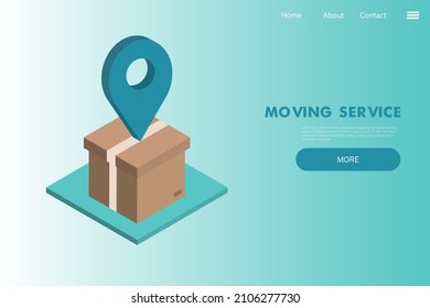 Moving House Services - Vektorwebbanner mit Karton - isometrische Kunstgrafik auf blauem Hintergrund. Startseite
