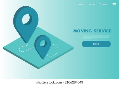 Moving house services - vector web banner with maping pin -isometric art illustration on blue background. Startup landing page