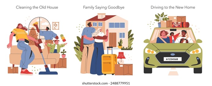 Moving House set. A family engages in the transition from old to new home, depicting cleaning, farewells, and a joyful car trip. Vector illustration.