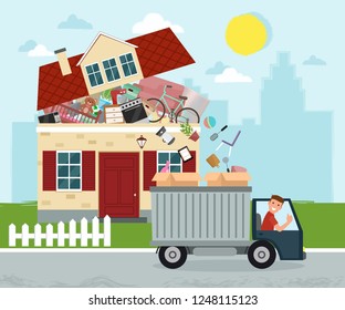 Moving house. Staff moving out of the house to boxes in truck. Vector flat illustration.