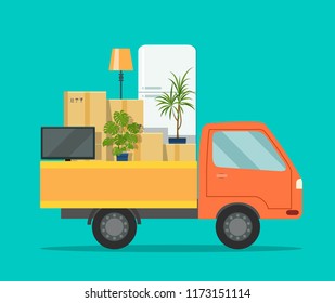 Moving House. Truck with cardboard boxes and furniture.Vector flat style illustration