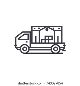 moving house truck concept vector thin line icon, symbol, sign, illustration on isolated background