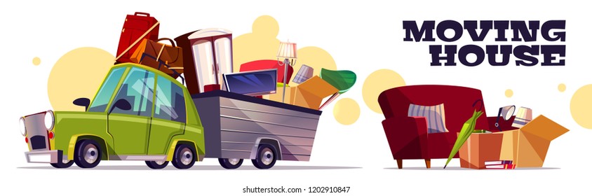 Moving house vector concept with car carrying filled cardboard boxes, baggage, TV and furniture in utility trailer cartoon illustration on white background. Transporting home stuff with own automobile