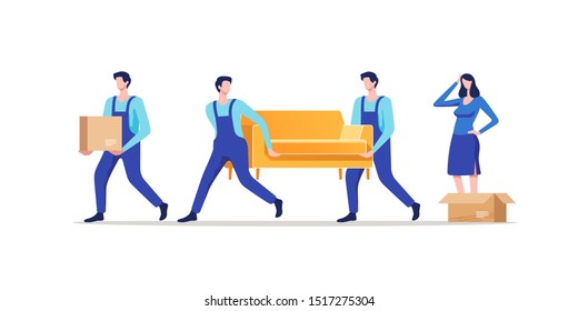 Moving house. Woman packing stuff to move to new house or apartment. Men carrying sofa and cardboard box. Vector illustration.