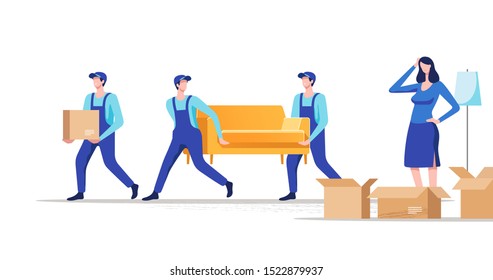 Moving house. Woman packing stuff to move to new house or apartment. Men carrying sofa and cardboard box. Vector illustration.