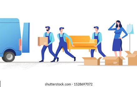 Moving house. Woman packing stuff to move to new house or apartment. Men carrying sofa and cardboard box. Vector illustration.