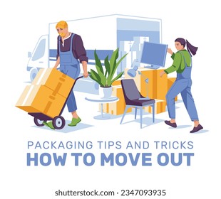 moving household items, apartment items. The company's transport truck. Professional moving team. A man and a woman. Paper boxes, furniture, plants, monitor, books. Vector flat illustration