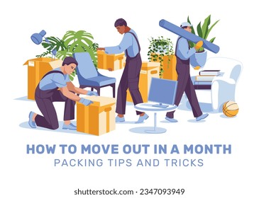 moving household items, moving and storing apartment items. Professional men's moving team. Paper boxes, furniture, plants, monitor, books. Vector flat illustration