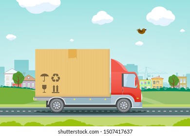 Moving houses. Truck carries a cardboard box with cargo. Vector illustration in flat graphic style.