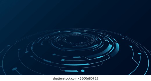 Moving HUD circles with electronic elements on dark blue background. Digital tech backdrop. Computer circuit board for AI design. Vector illustration. EPS 10
