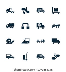 Moving icon. collection of 16 moving filled icons such as escalator down, truck, truck with hook, cart cargo, van, cargo on cart. editable moving icons for web and mobile.