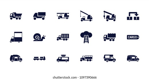 Moving icon. collection of 18 moving filled icons such as truck with luggage, truck, truck with hook, van, ladder to the sky. editable moving icons for web and mobile.