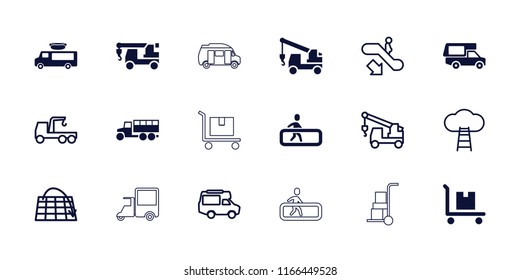 Moving icon. collection of 18 moving filled and outline icons such as cargo on cart, escalator down, truck with hook, van. editable moving icons for web and mobile.