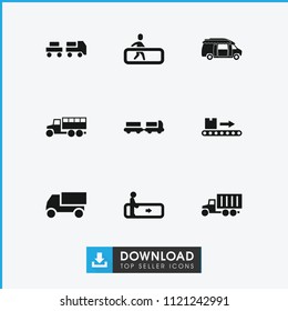 Moving icon. collection of 9 moving filled icons such as escalator, truck with luggage, truck, van. editable moving icons for web and mobile.