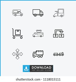 Moving icon. collection of 9 moving outline icons such as truck with luggage, truck, cargo on cart, object move, man move. editable moving icons for web and mobile.