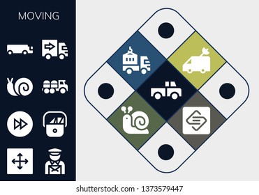 moving icon set. 13 filled moving icons.  Simple modern icons about  - Truck, Move, Postman, Forwards, Snail, Cargo truck, Delivery truck, Van, Spark page