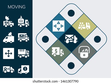 moving icon set. 13 filled moving icons.  Collection Of - Mail truck, Van, Delivery truck, Move, Truck, Postman