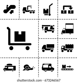 Moving icon. set of 13 filled movingicons such as snail, escalator up, truck, truck with hook, van, cargo on cart, luggage scan