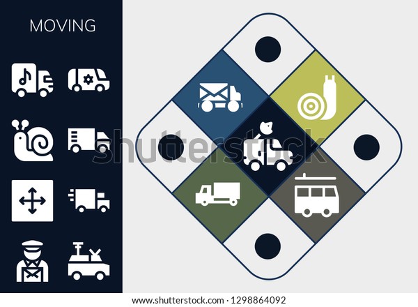  moving icon set. 13 filled moving icons. Simple\
modern icons about  - Van, Postman, Move, Delivery truck, Snail,\
Truck, Mail truck
