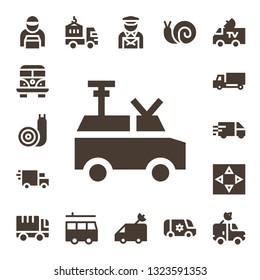 moving icon set. 17 filled moving icons.  Collection Of - Delivery man, Van, Snail, Delivery truck, Move, Truck, Postman