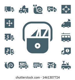 moving icon set. 17 filled moving icons.  Simple modern icons about  - Truck, Move, Postman, Van, Delivery truck, Snail, Mail truck
