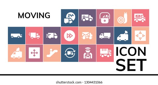 moving icon set. 19 filled moving icons.  Collection Of - Delivery truck, Cargo truck, Van, Move, Escalator, Postman, Truck, Forwards, Mail Snail