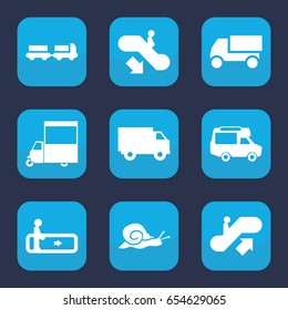 Moving icon. set of 9 filled moving icons such as snail, escalator, escalator up, escalator down, truck with luggage, truck