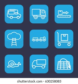 Moving icon. set of 9 outline moving icons such as truck with luggage, snail, truck, van, cargo on cart, luggage scan, ladder to the sky