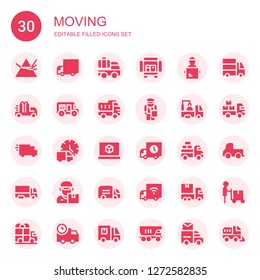 moving icon set. Collection of 30 filled moving icons included Dispersion, Delivery truck, Truck, Delivery man, Mail truck, Postman, d printing software, Van