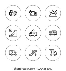 Moving icon set. collection of 9 outline moving icons with dispersion, delivery truck, escalator, truck icons. editable icons.