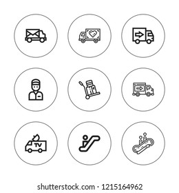 Moving icon set. collection of 9 outline moving icons with delivery man, delivery truck, escalator, logistic, mail truck icons. editable icons.