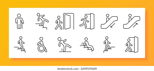 Moving icon set. Steps, cane, escalator, up, down, door, slippery floor, disability. Black icon on a white background. Vector line icon for business and advertising