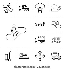 Moving icons. set of 13 editable outline moving icons such as escalator down, truck with luggage, man move, truck, truck with hook, cart cargo, van, luggage scan
