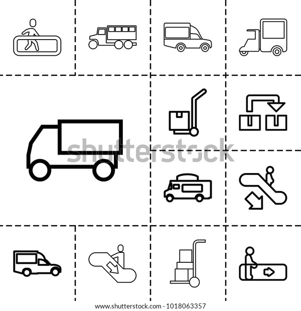 Moving icons. set of 13 editable outline moving\
icons such as escalator, escalator down, truck, van, cargo on cart,\
object move