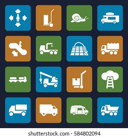 moving icons set. Set of 16 moving filled icons such as snail, escalator down, truck with luggage, man move, truck, truck with hook, cart cargo, van, cargo on cart