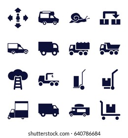 Moving icons set. set of 16 moving filled icons such as snail, man move, truck, truck with hook, cart cargo, van, cargo on cart, object move