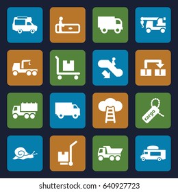 Moving icons set. set of 16 moving filled icons such as snail, escalator, escalator down, truck, truck with hook, van, cargo tag, cargo on cart, object move