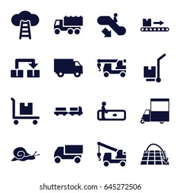 Moving icons set. set of 16 moving filled icons such as snail, escalator, escalator down, truck with luggage, truck, truck with hook, van, cargo on cart, luggage scan