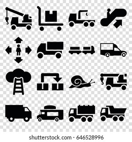 Moving icons set. set of 16 moving filled icons such as snail, escalator up, truck with luggage, man move, truck, truck with hook, van, cargo on cart, object move